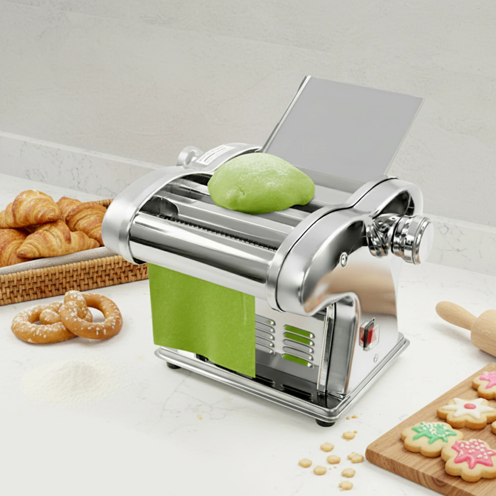 Electric Pasta Machine Stainless Steel Noodle Maker with 3 Blades 8-Level Thickness Adjustable 0.5-4mm Dough Presser 135W US Plug for Homemade Lasagna Spaghetti Dumpling Wrappers Kitchen Appliance view 6
