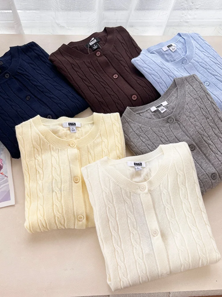 Simple Versatile Women's Knitted Cardigan round Neck Breathable Soft Comfortable Spring Fashion Twist Weave Embroidery Process