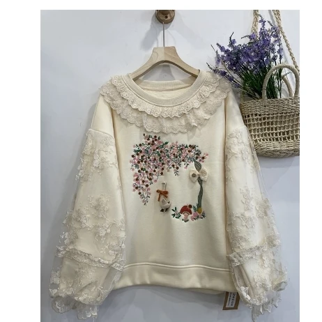 Mori Girl Vintage Lace Cartoon Flower Embroidery Fleece Sweatshirt Women Autumn Winter Lantern Long Sleeve Loose Pullover Tops