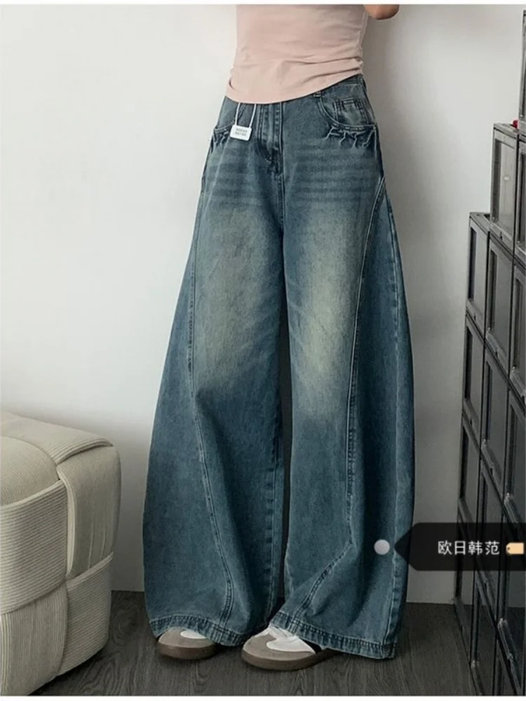 Women's Blue Jeans Y2k Gyaru Oversize Denim Pants Vintage Grunge Baggy Washed Denim Trousers Alternative Clothes 2027 Summer