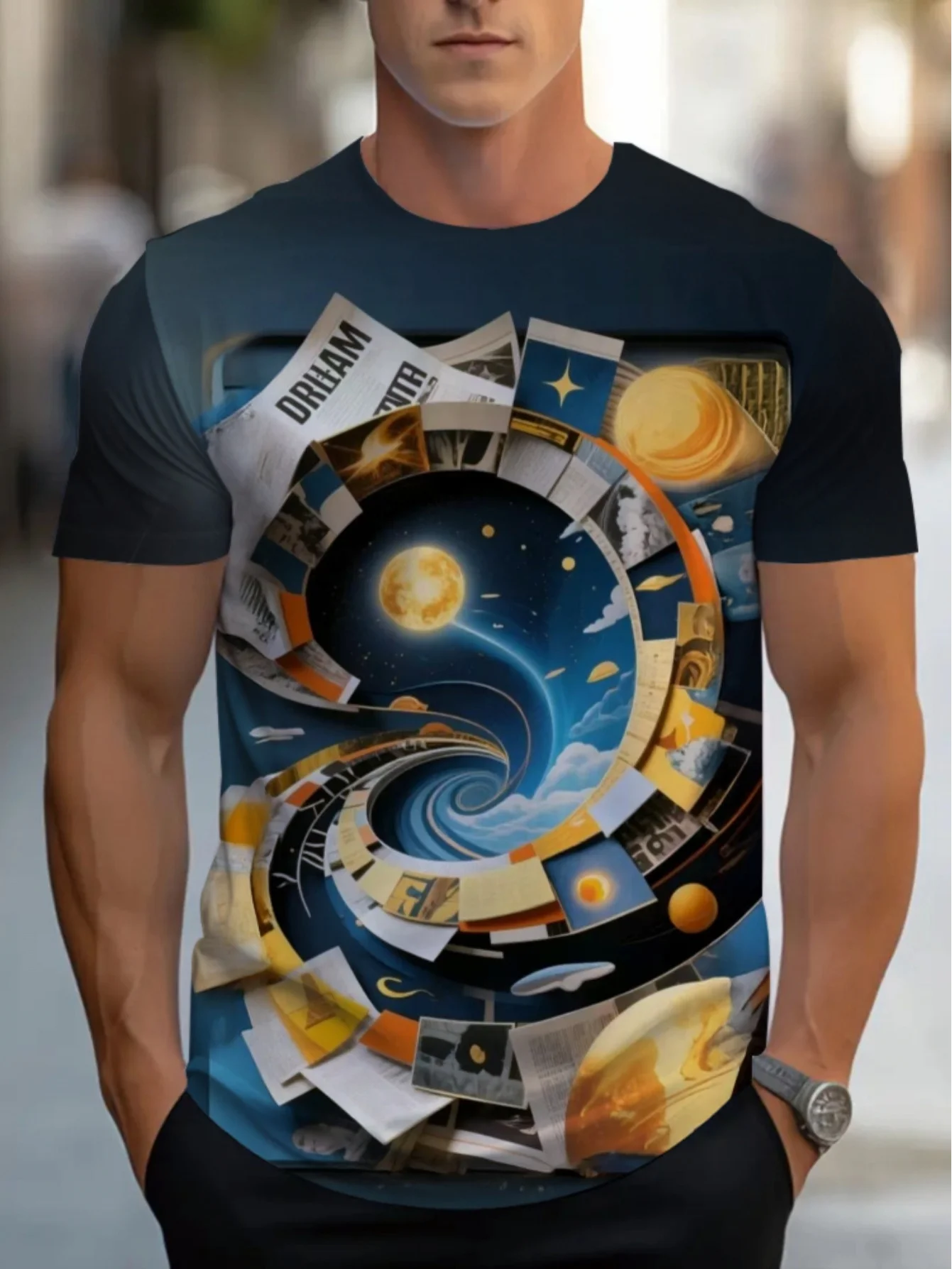 Men Dream Newspaper Paper Spiral Star Planet Sky Collage Print Crew Neck Short Sleeve T-shirt