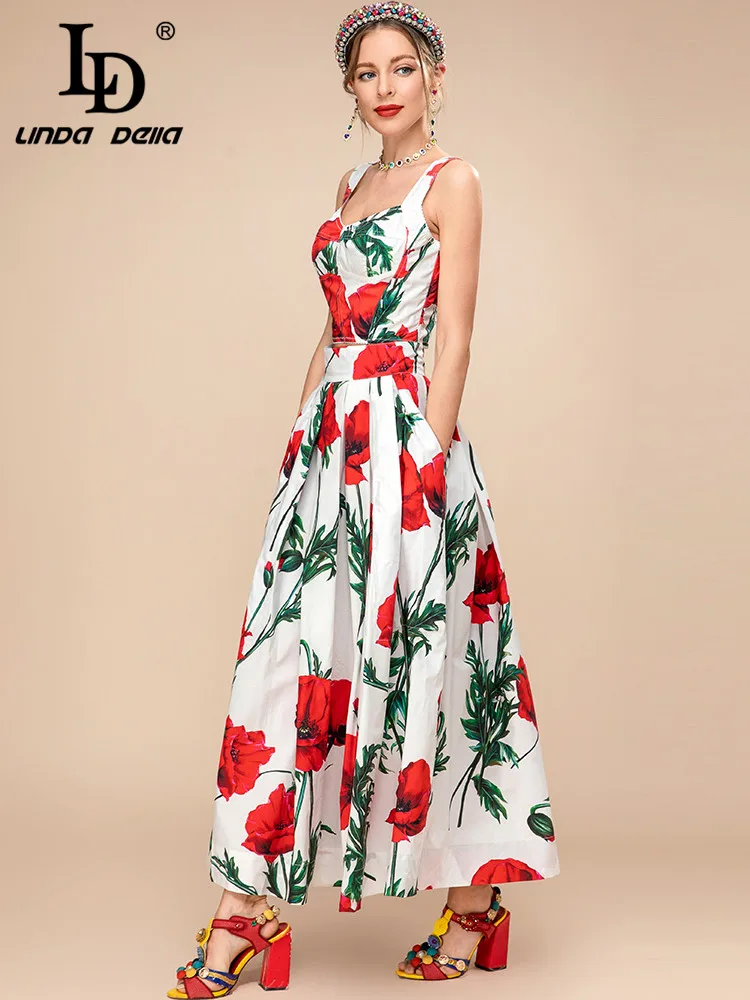 LD LINDA DELLA 2023 New Summer Print Cotton Skirt 2 Pieces Set Women Spaghetti Strap Short Vest＋Floral Holiday Midi Skirts Suit