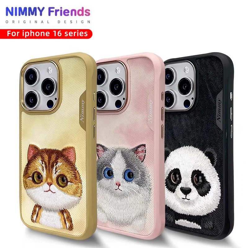 Super 3D cute Animal Case for  iPhone 16promax  embroidery big eyes cute panda  gold gradient premium feeling protective case