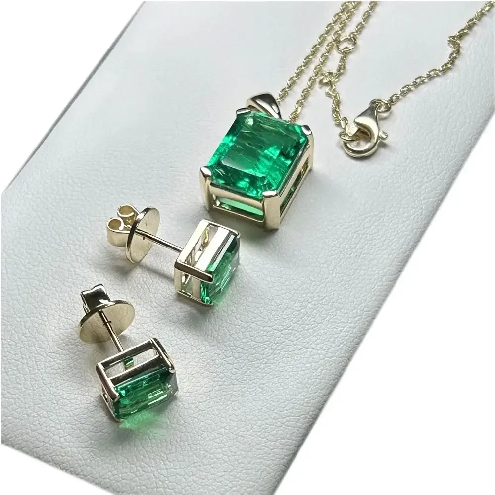 Meisidian Custom 14K Yellow Gold Hydrothermal Lab Green Emerald Stone 18 Inches Necklace and Earring Jewelry Set