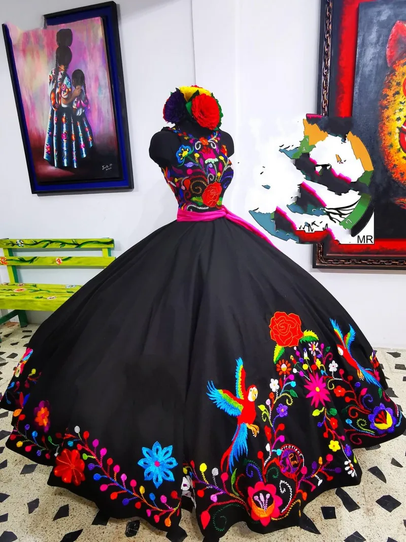 Black Charro Embroidery Quinceanera Dresses Prom Sweet 16 Mexican Girls Sleeveless Zipper vestidos de 15 años cutomsized