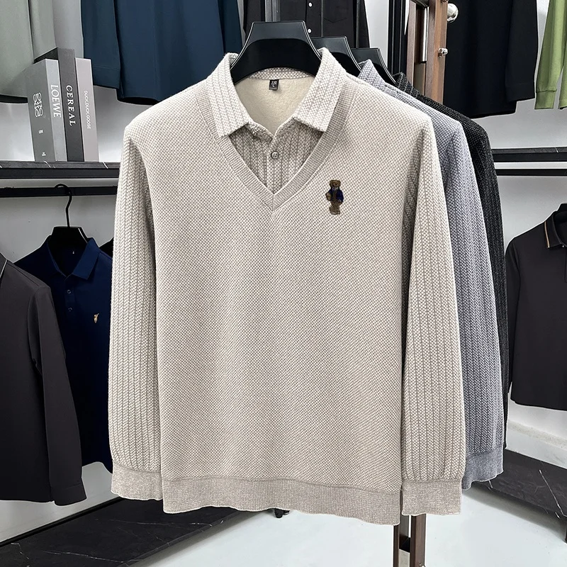 Design-Mode-Herren-Polohemd mit Stickerei, Revers, Fake-Zweiteiler, Langarm, Original-Freizeit-T-Shirt, vielseitige Herrenbekleidung für den Alltag – Detail 8