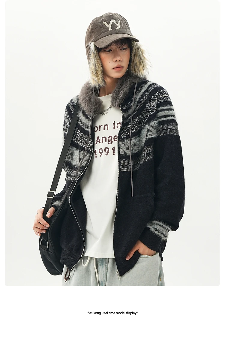 سترة صوفية عصرية أمريكية جديدة لعام 2025 سترة محبوكة بقلنسوة فضفاضة للرجال #5