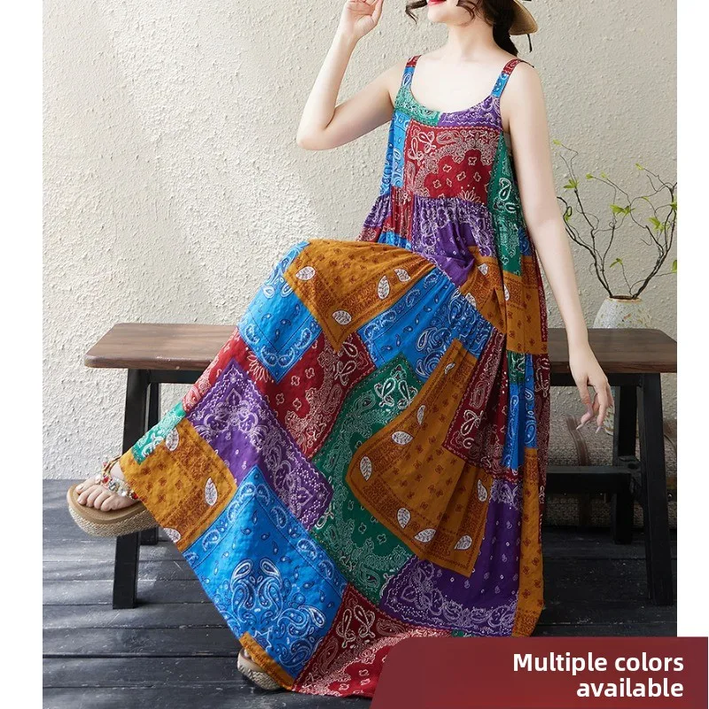 

New 2025 Artistic Large Size Printed Strap Dres Loose Slimming Cotton Linen Long Women's Skirts Thin Model Commute Sle S...