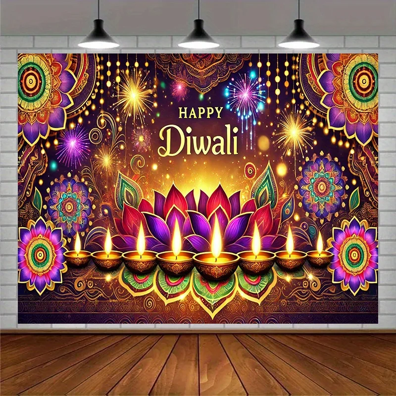 Diwali Mandala Tapestry, Lotus Flower and Diya Design, Indian Festival Wall Art for Party and Home Celebration Decor