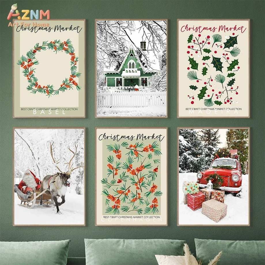 AZNM Christmas Market Canvas Print, Vintage Wreath Reindeer Santa Snow House Retro Holiday Unframed Canvas Painting, Xmas Wall A
