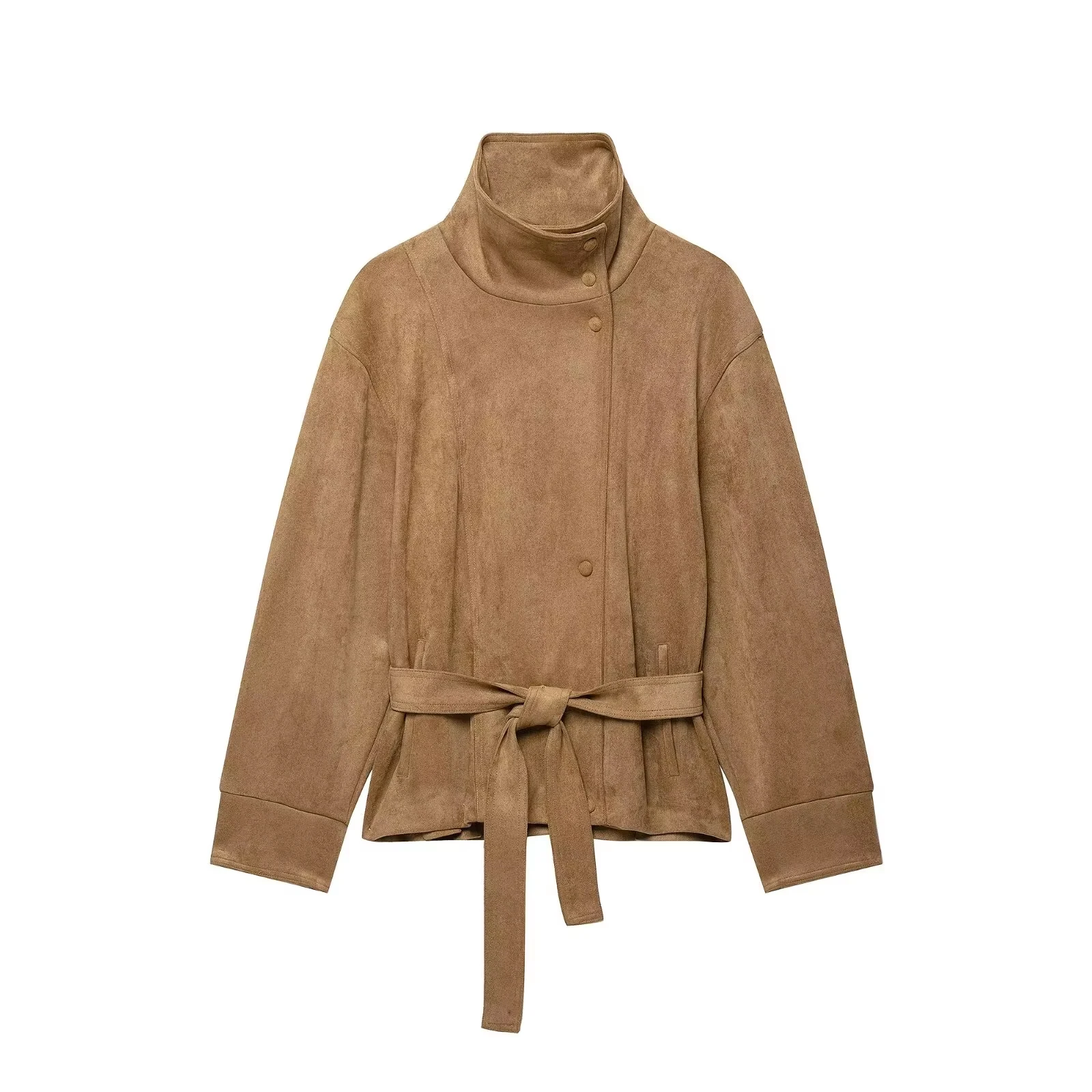 HH Damen Vintage Khaki Kunstleder-Oberbekleidung, hoher Stehkragen, Taillengürtel, Kunstwildlederjacke, Herbstmode, Mantel für den Schulanfang – Detail 3