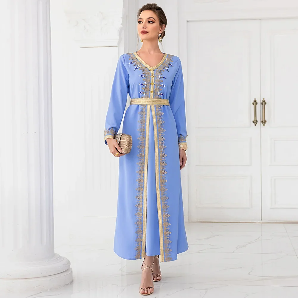 Slim Diamond Women Dress Turkish Modesty Robe Elegant Fashion Long Dress Arab Muslim Dress Abaya Long Sleeve Islamic Clothing