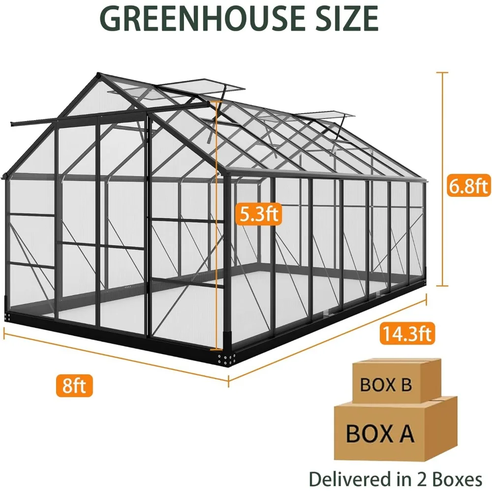 Szklarnie z poliwęglanu, zielone domy 8x14 FT na zewnątrz z 4 regulowanymi otworami wentylacyjnymi dachowymi, szklarnia z aluminiową ramą do chodzenia