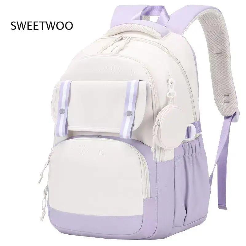 Women's Color Block Backpack with Mini Coin Purse Casual Student School Bag