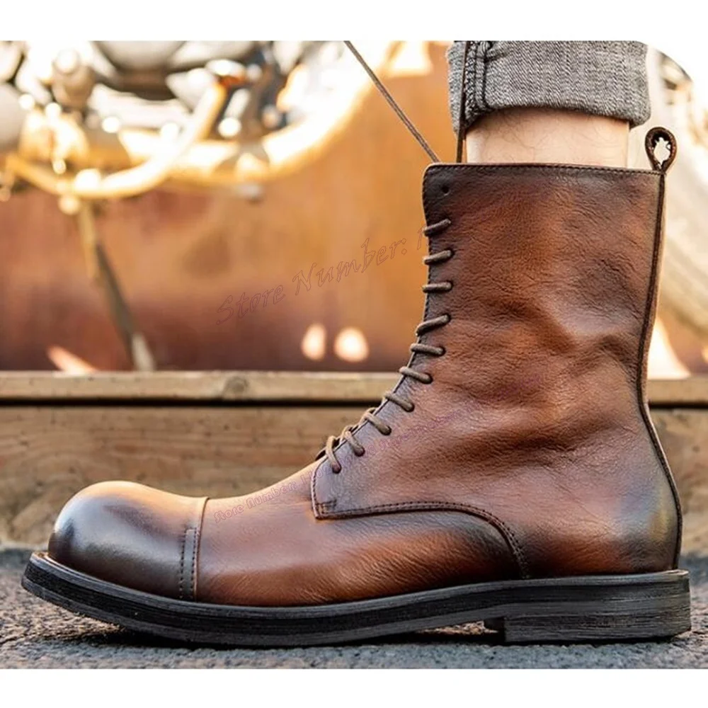 Brown Cross Tied Vintage Boots for Men Round Toe Matte Leather British Style Shoes Handmade Shoes 2023 Zapatos Para Hombres