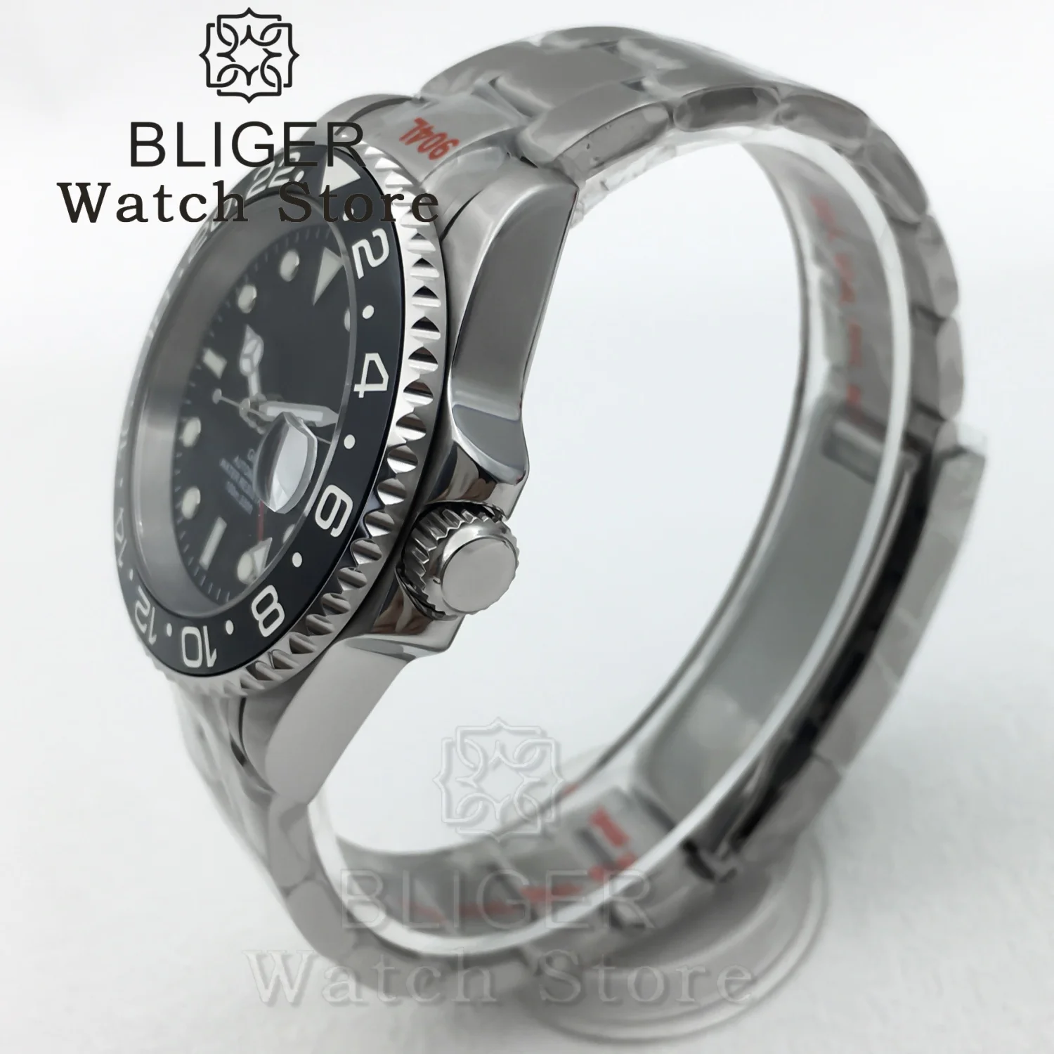 ساعة غواص BLIGER 40 ملم NH34 GMT للرجال إطار سيراميك أسود زجاج الياقوت أحمر أزرق أبيض أخضر GMT نص ويد مقاومة للماء