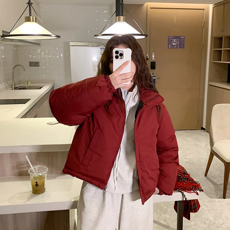 Giacca reversibile imbottita in cotone per donna Colletto rialzato invernale Cappotto spesso in colore a contrasto Giacche calde moda casual coreana