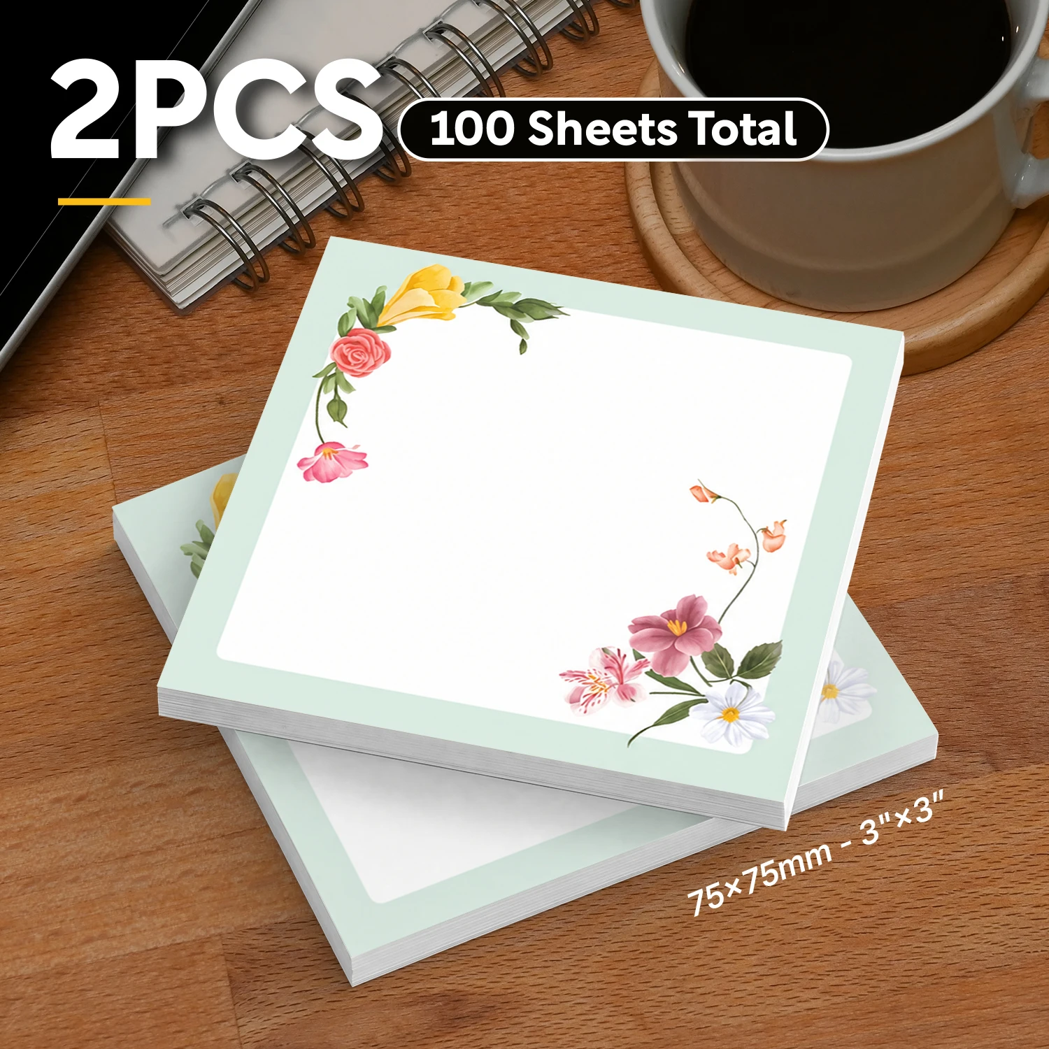 2pcs Floral Sticky Notes, Botanical Flower Self Stick Memo Pads, 100 Sheets Total, Aesthetic Garden Notepad, Removable Adhesive