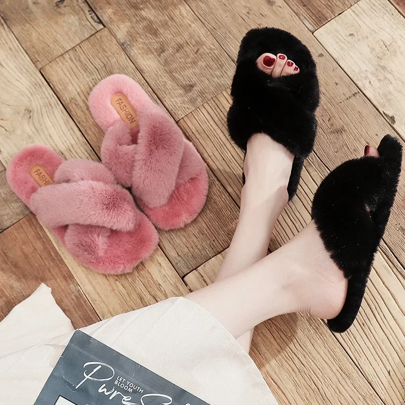 Women Fashion Warm Fluffy Slippers Cozy Faux Fur Cross Indoor Floor Slides Flat Soft Furry Ladies Female Celebrities Flip Flops