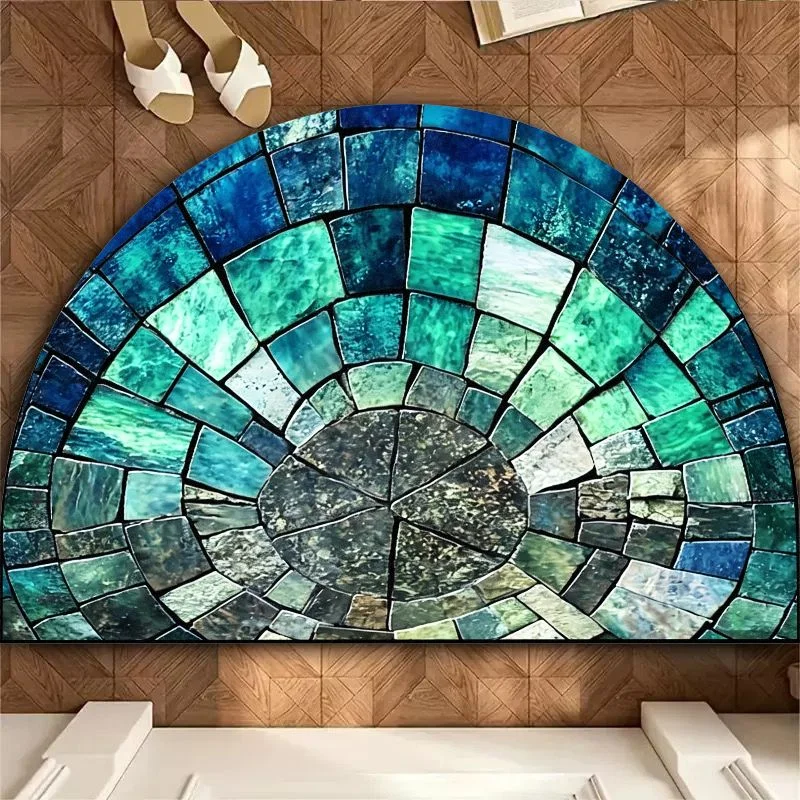 VIKAMA Ocean Blue Mosaic Mat, Semi-Circle Stained Glass Anti-slip Bath Accessory