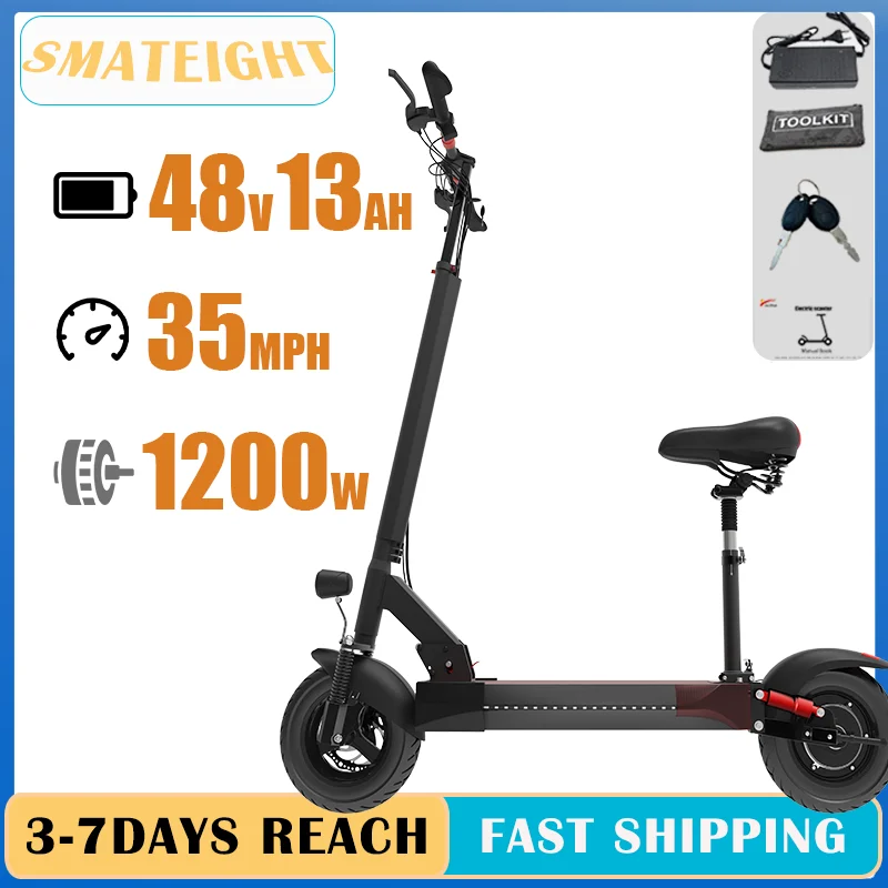 

Electric Scooter for Adults 45MPH Max Speed 48V 1200W with Seat 10 Inch Pneumatic Tires Electric Kick Double Shock Absorbers