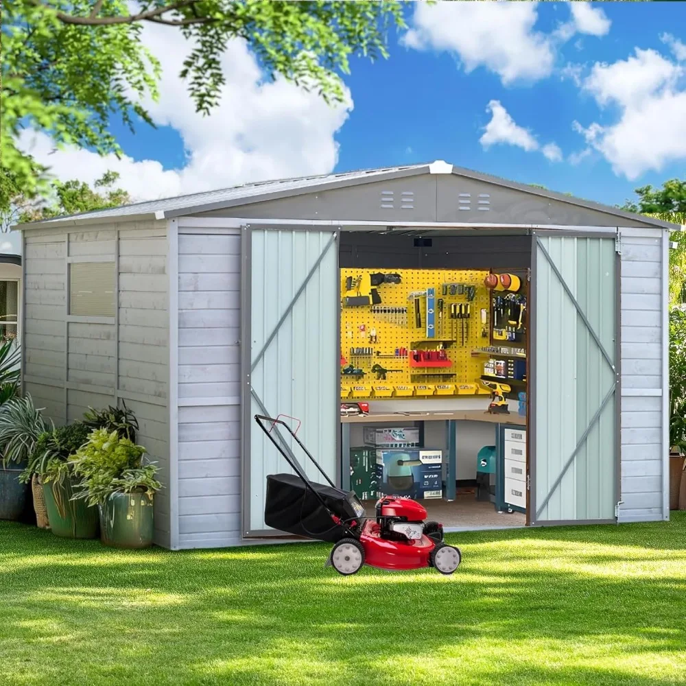 

10x8 FT Wood Storage Shed, Outdoor Storage Shed with Lockable Door, Window and Vents, Waterproof Wooden Metal Tool Storage for G