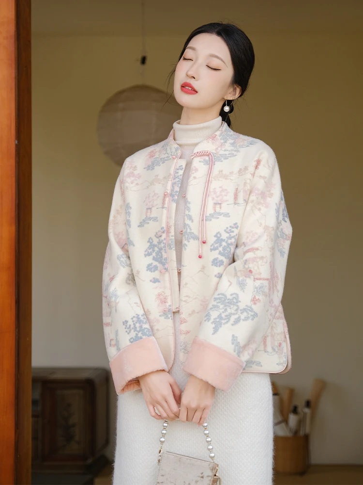 

Новая китайская вышитая куртка-жакет для женщин, осенне-зимний традиционный чайный костюм, улучшенный костюм Тан с горным и водным пейзажем, топ