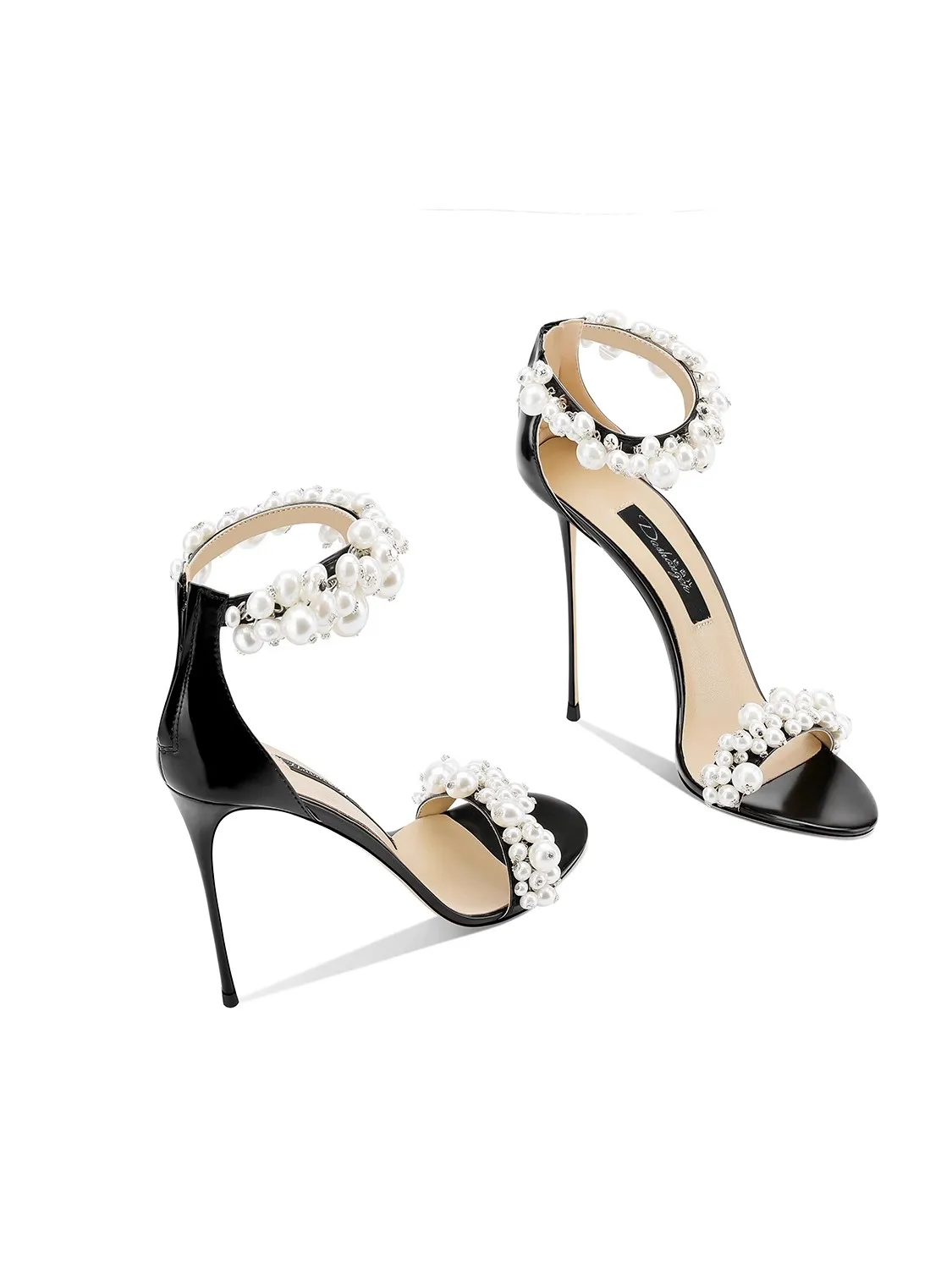 Thin high-heeled sandals summer new round-toed pearl patent leather one-line sandals banquet large size small size women's shoes