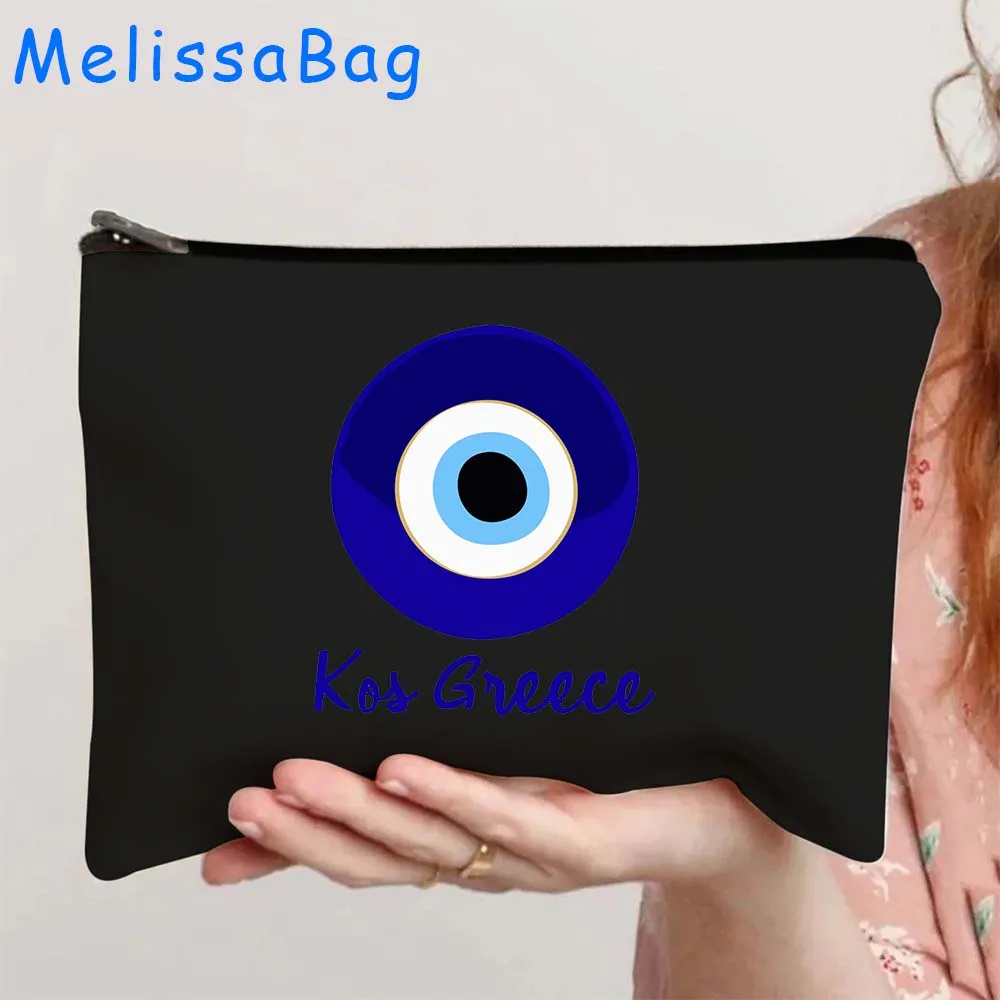 Greek Turkish Colorful Nazar Blue Evil Eye Hamsa Hand Girl Amulet GREECE Canvas Bag Cosmetic Makeup Bag Pencil Case Zipper Pouch