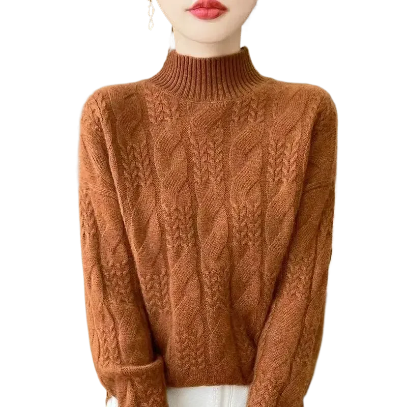 Autumn and Winter New Thick Twisted Flower Half High Neck Knitted Sweater Soft and Comfortable Versatile Knitted Base Sweater