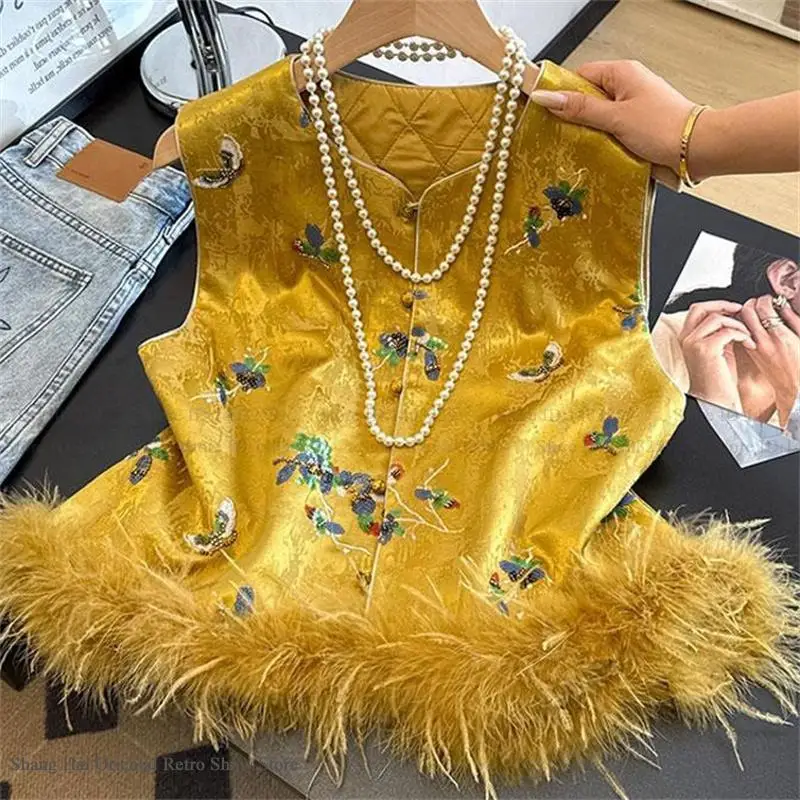 

Traditional Chinese Tang Clothes Jacket New Chinese Style Qipao Vest Top Luxury Feather Jacquard Sequin Outwear Hanfu Waistcoat