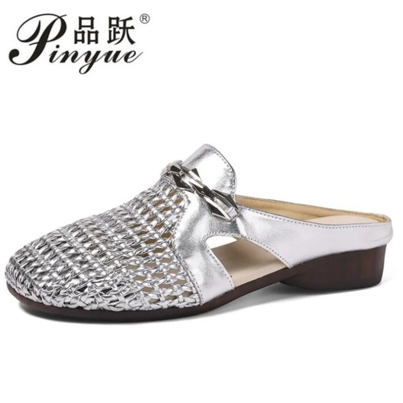 3.5cm Woven Hollowed-out Baotou Semi-drag Women's Outer Wear Summer New Inner Heightener One-foot Slip-on Sandals 34-43