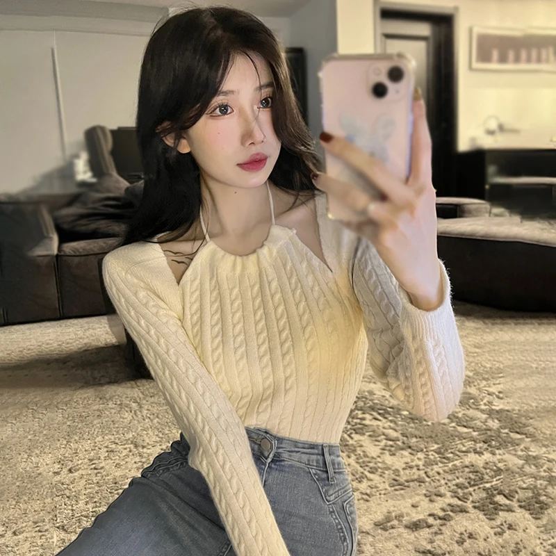 Women Pullover Sweater Off-Shoulder Geometric Pattern Slim Casual Solid Colour Autumn Winter All-Match Knitted