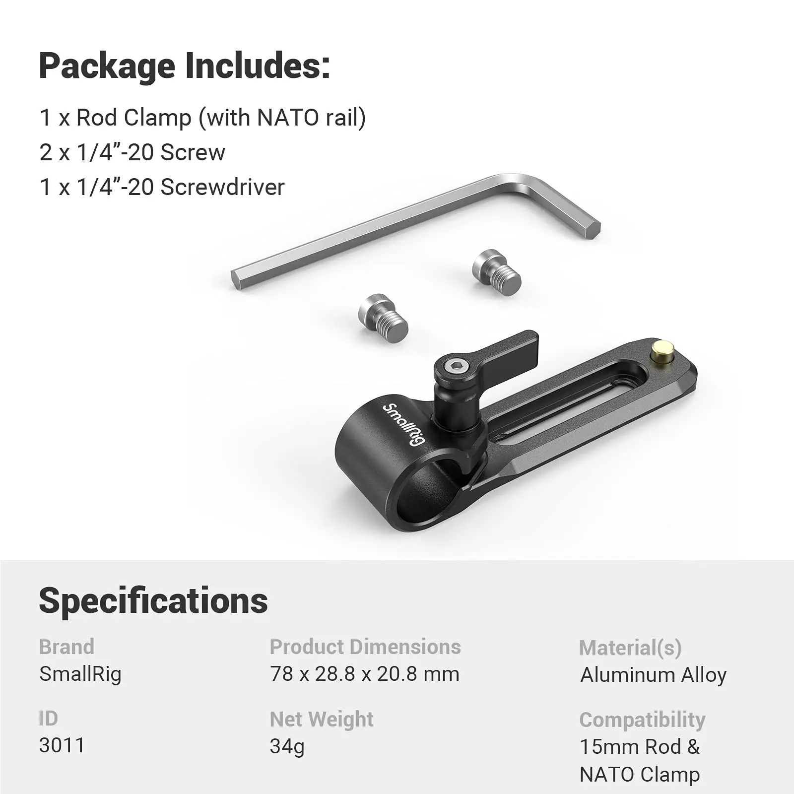 SmallRig Rod Clamp with NATO Rail Lightweight and Pportable Compatible with Standard 15mm Rod and NATO Clamp 3011