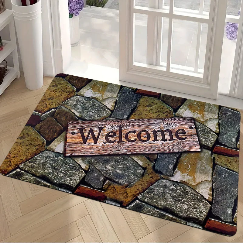 Garden Welcome Doormat Retro Wood & Green Floral Design Durable Non -Slip Perfect for Front Door Indoor/Outdoor Entryway