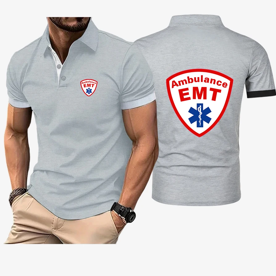 New Summer Men's Collar Top EMT Emergency Ambulance Logo Print 2026 Solid Color CasualTrendy Breathable Loose Basic Polo Shirt