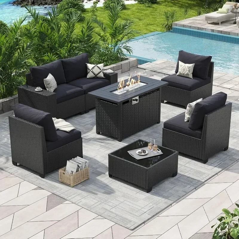 

Aoxun Patio Furniture Set with 44'' Fire Pit Table, 7 Pcs Outdoor Patio Furniture Sets with 4in Thicken Cushion, Widen Armrests