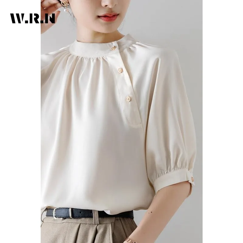 Casual Elegante Korte Mouw Ronde Hals Effen Kleur Luxe Shirts 2024 Zomer Dames Vintage Classic Office Lady Basics Blouse