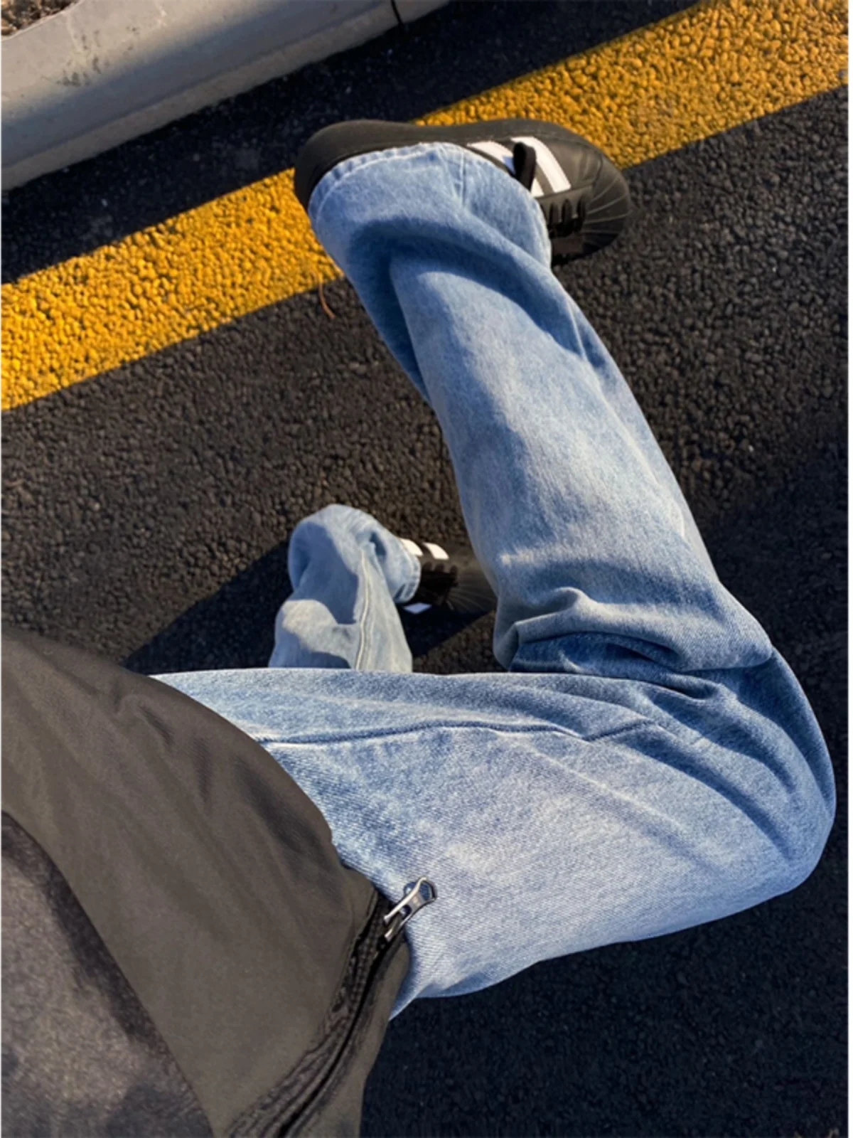 

Light Blue Lightning Pattern Straight Leg Men's Jeans American High Street Sle Long Pants Autumn Winter Faion Trend