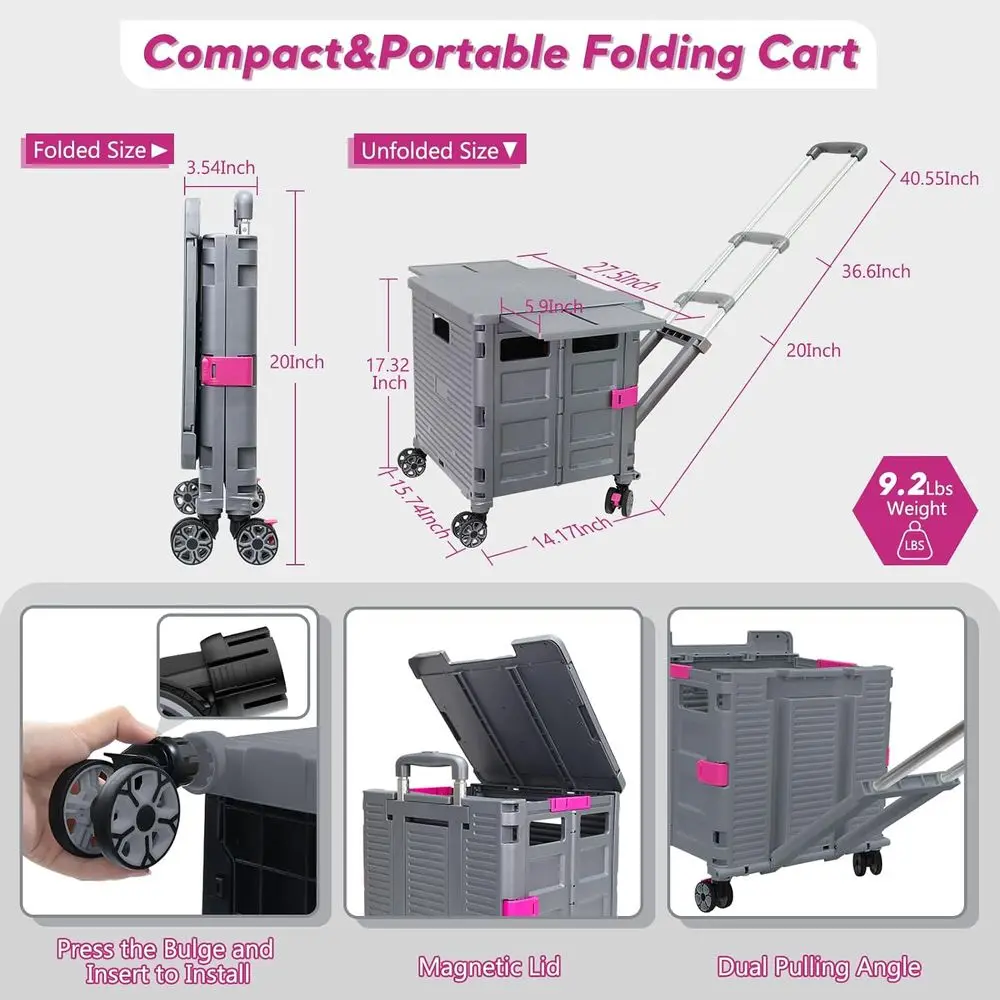 Carrinho utilitário dobrável portátil com rodas giratórias, alça ajustável e tampa magnética para armazenamento, compras e uso em escritório (Gra
