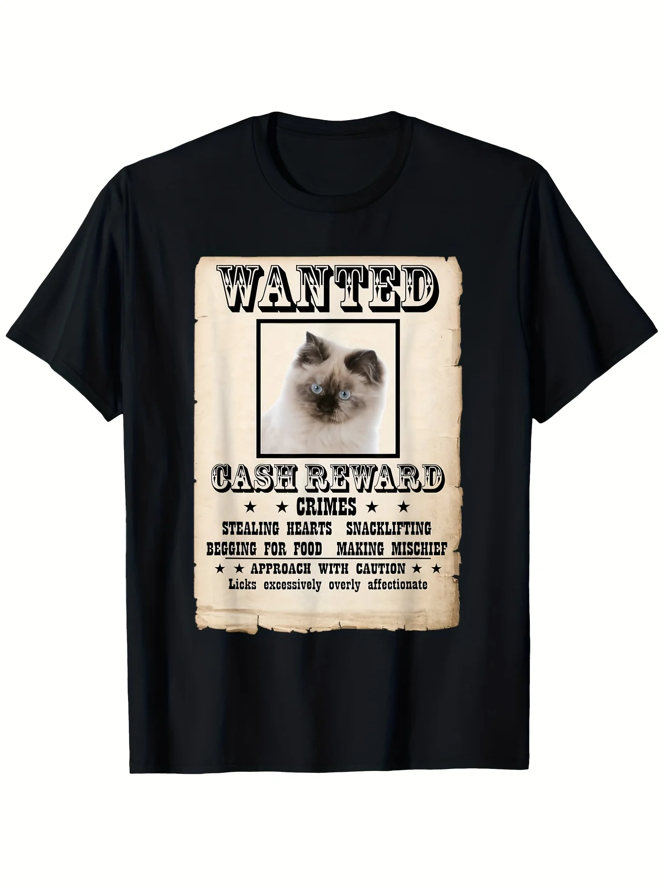 Funny Cat Lover'S Wanted Poster T-Shirt - 100% Vintage Siamese Cat Design with Humorous Stealing Hearts & Snackgling Cats Slogan - Unisex Adult Sizes S-XXXL Casual Crew, seasonal casual and trendy men