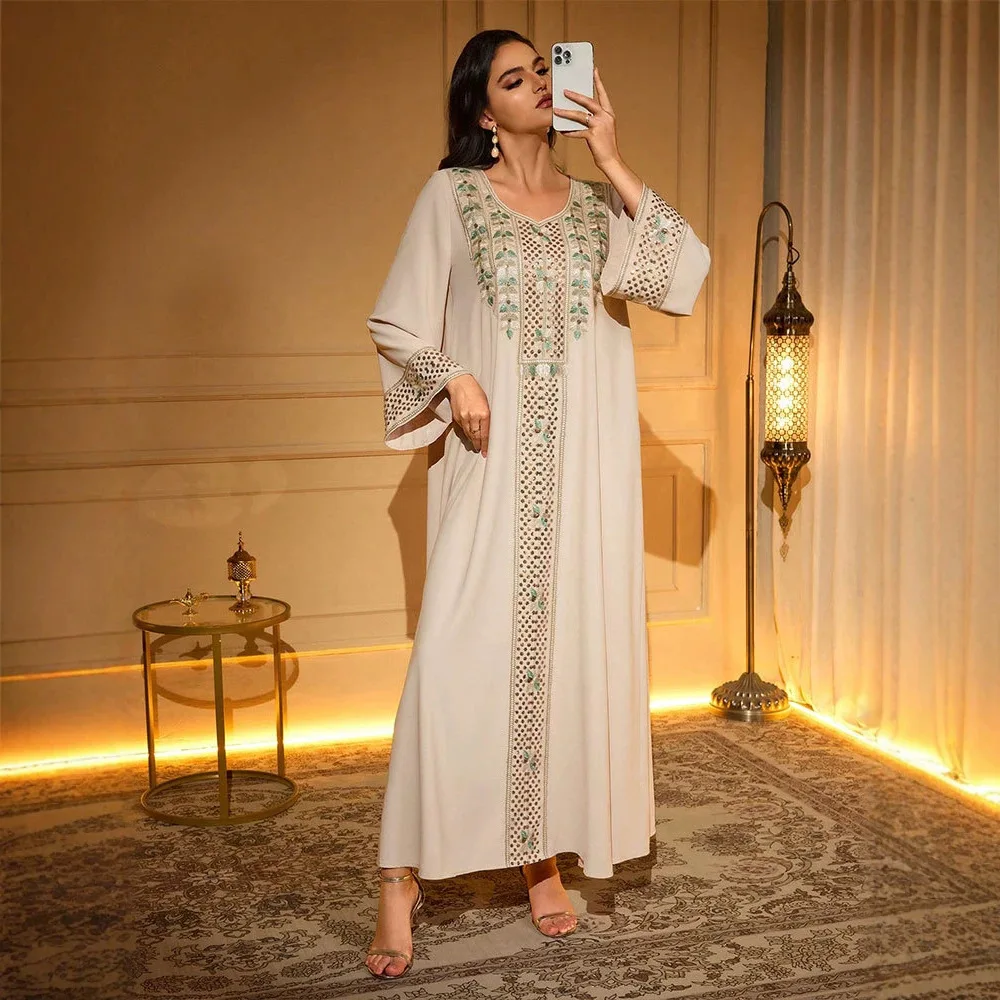 

Ky2645 Women's V-neck Elegant Long-sleeve Dress With Appliques, Casual Loose Daily Dress Ramadan Dubai Luxury Islam Elegant