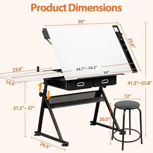Drafting Table Drawing Desk w/Power Outlet, Art&Craft Work Station Height Adjustable Tilting Tabletop Craft Table Desk view 3