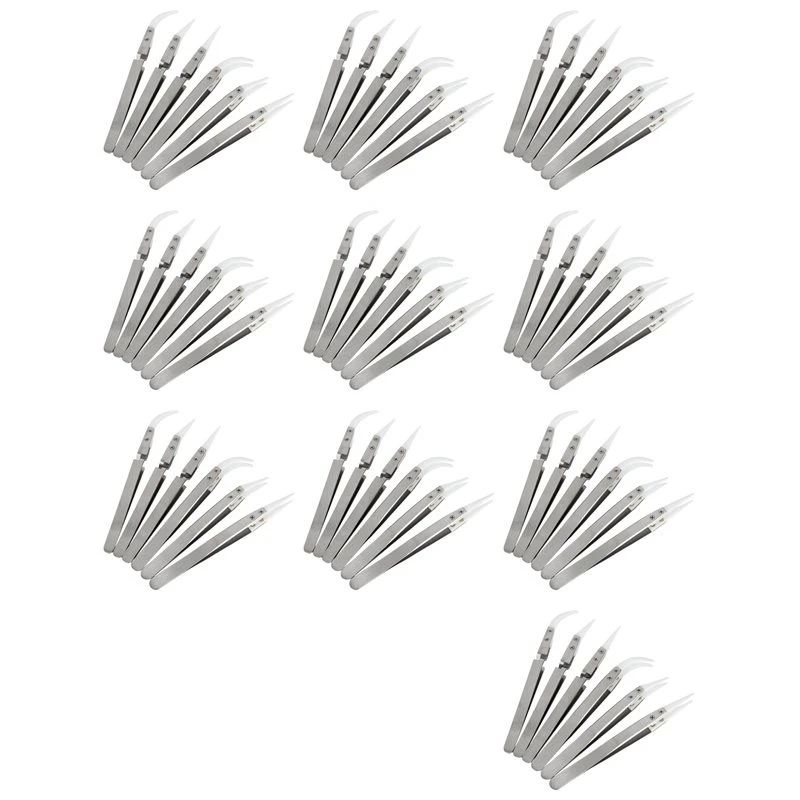 AS94-60 Pcs Precision Reverse Solder Tweezers, Non-Conductive, Anti-Magnetic Pointed And Curved Tips Tweezers Set