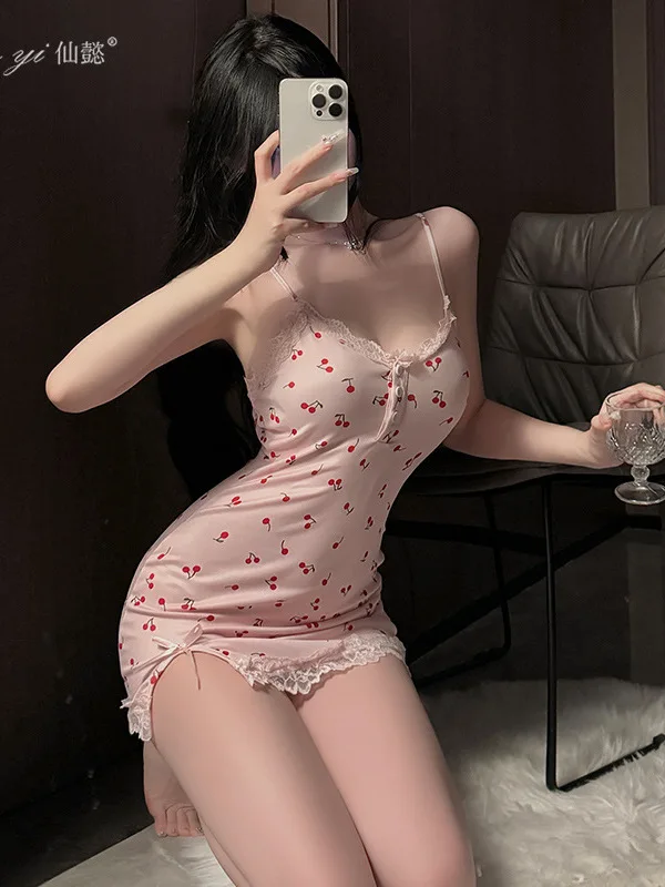 Summer Fashion Women\'s Clothing Sweet and Cute Fairy new Style Gentle and Fresh Cherry Printed Lace Pattern Elegant Dress XDE5