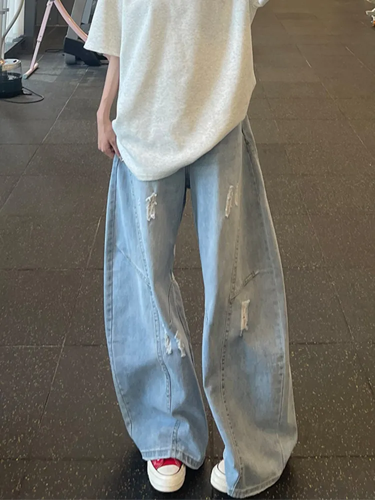 Light Blue Men's Denim Jeans Knife  Straight Loose Wide Leg Pants American Style Casual Youth Popular mid Waist Zipper