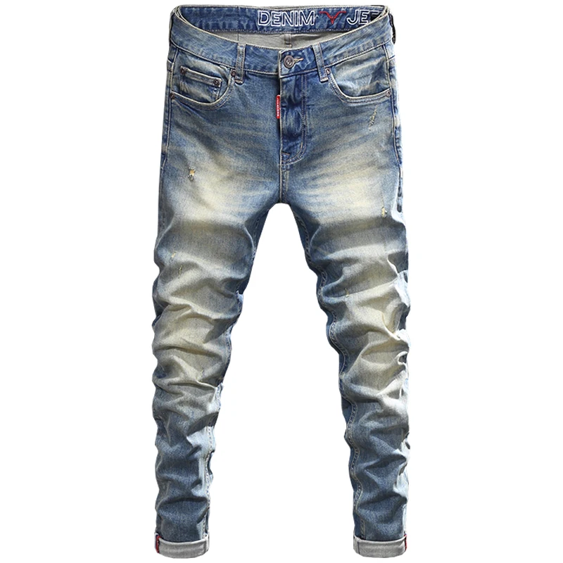 Fashion Vintage Men Jeans Retro Blue Elastic Stretch Slim Ripped Jeans Men Trousers Yellow Washed Designer Denim Pants Hombre