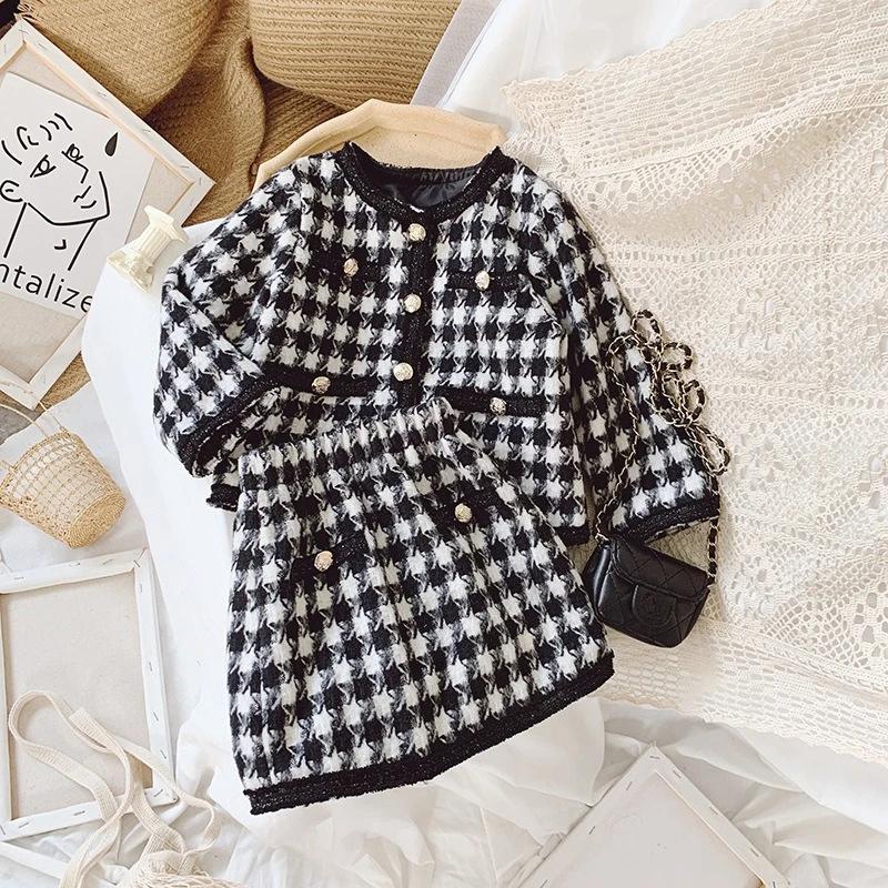 

2025 New Girls Tweed Coat & Pleated Skirt 2-Piece Set Elegant Spring Autumn Formal Outfit Luxury Boutique Children's Clothes