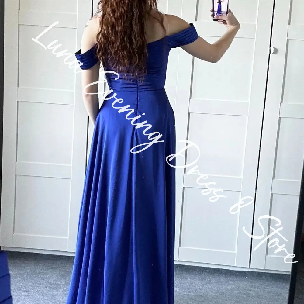 Customized Fashion Satin A-Line Off the Shoulder Evening Dresses Strapless Short Sleeves Zipper Back Panel Train Prom Dress
