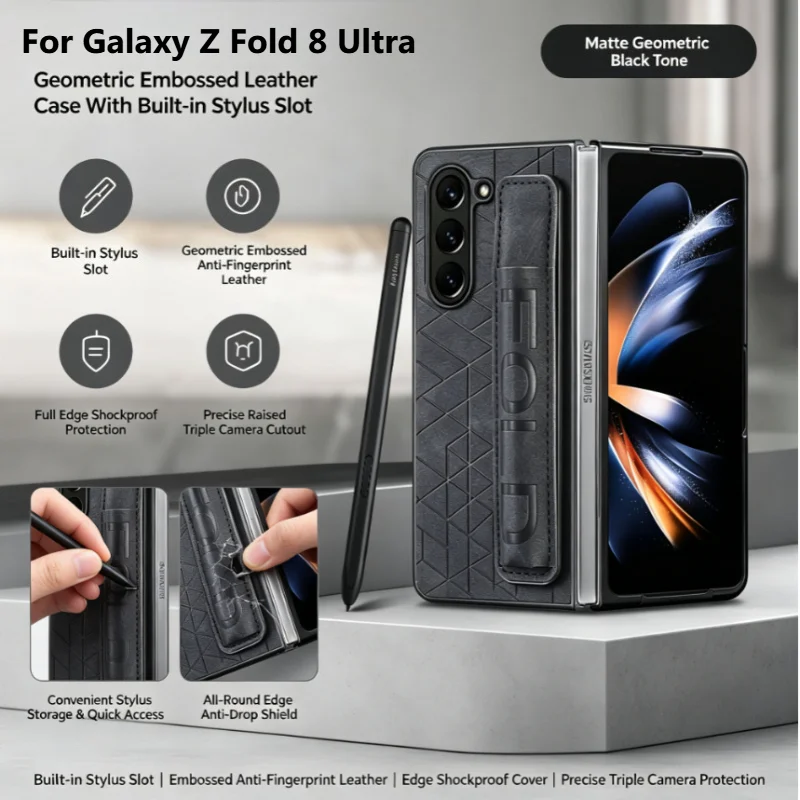 Retro Business Texture Wrist Strap Pen Slot Leather Case For Samsung Galaxy Z Fold 8 Ultra 7 6 5 Slim Skin Feel Shockproof Cover